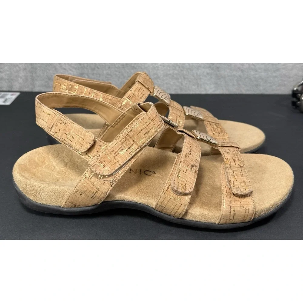 Vionic Amber Adjustable Sandal‎ Women's 10 Cork Gold Flat Arch Support Comfort